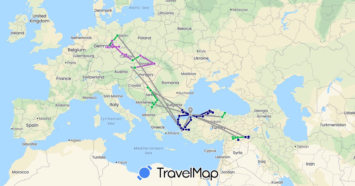 TravelMap itinerary: driving, bus, plane, train in Austria, Czech Republic, Germany, Serbia, Slovakia, Turkey, Kosovo (Asia, Europe)